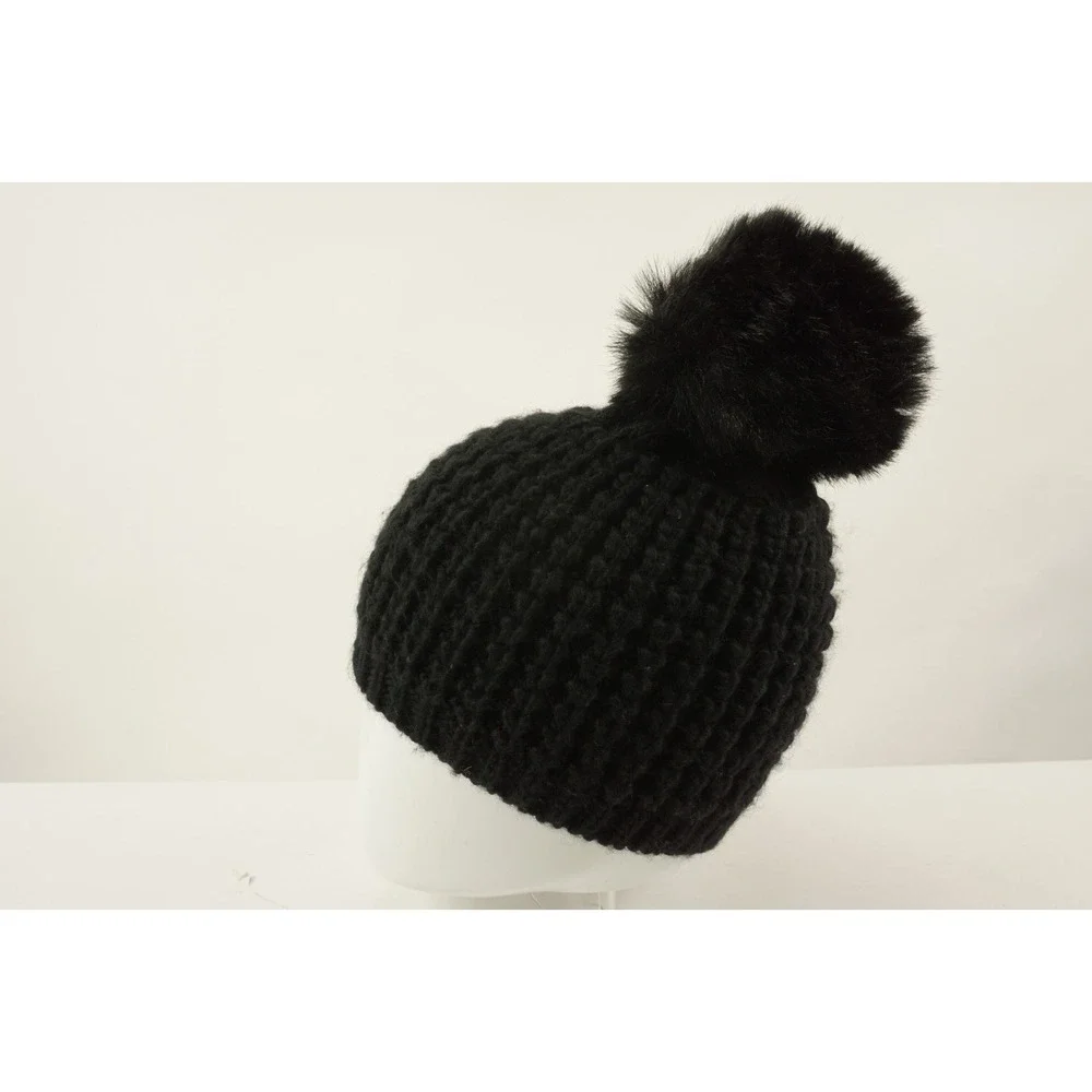 New Kyi Kyi Handmade Chunky Knit Pom Pom Beanie Black Wool Blend One‎ Size